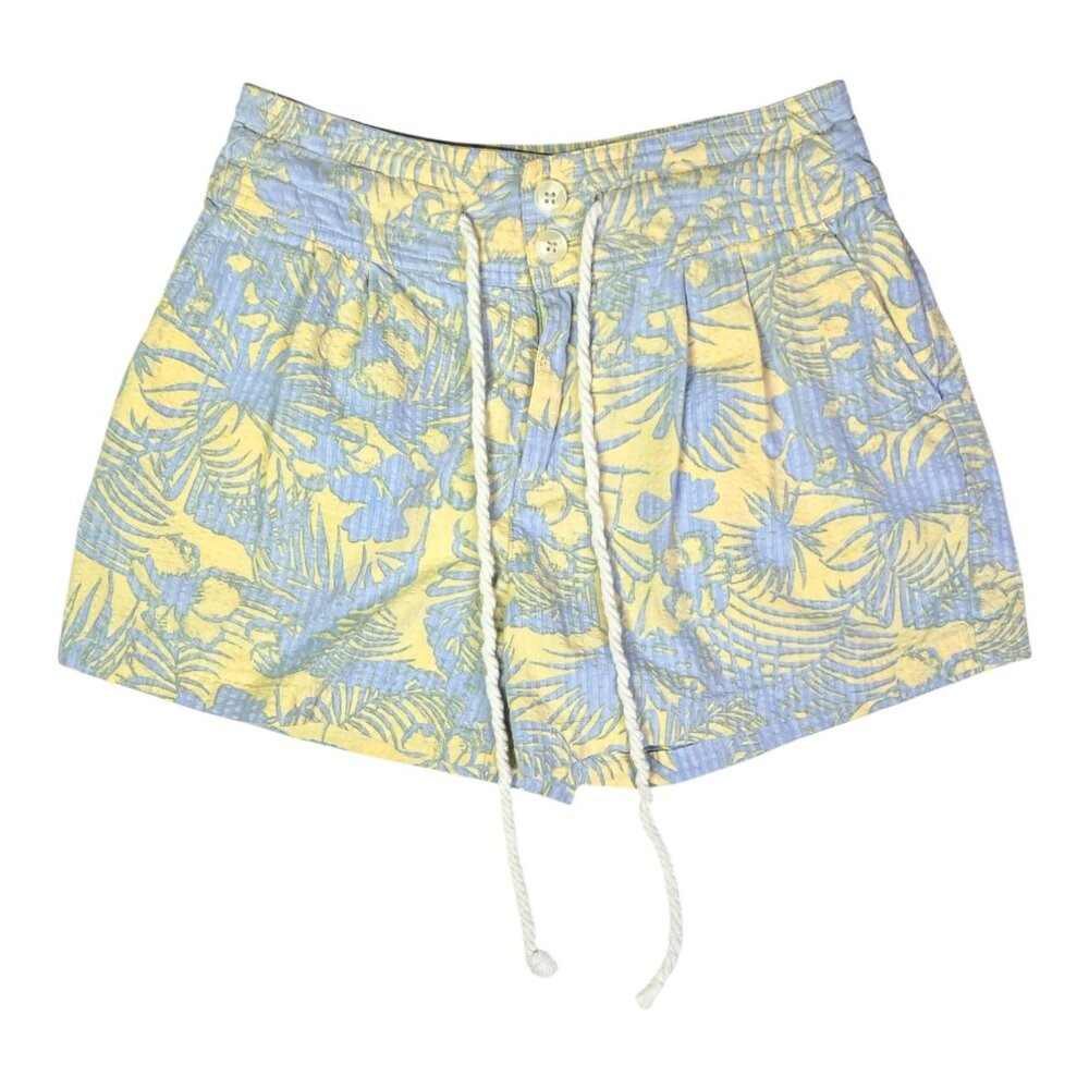 Free People Size 0 Island Tropical Print Shorts Pleat Front Rope Tie Yellow Blue